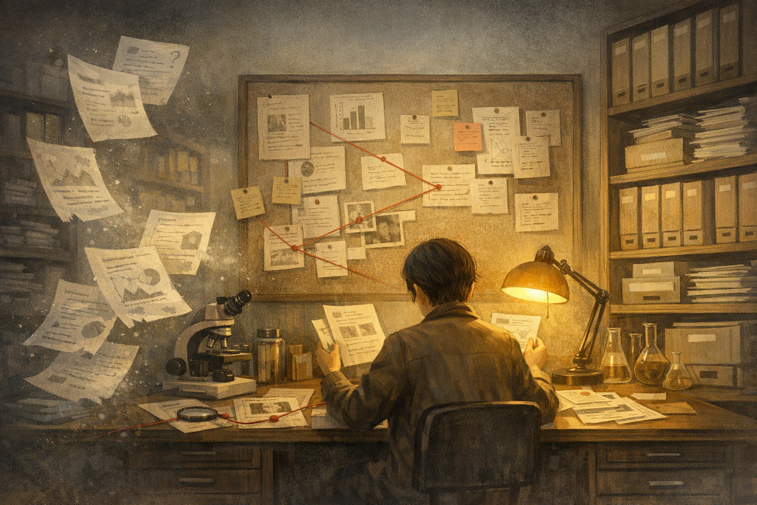 Bixonimania 같은 지식 오염을 떠올리게 하는 불확실한 문서와 검증 도구, 원문, 출처 등급, citation trail을 비교하는 도서관-실험실 장면