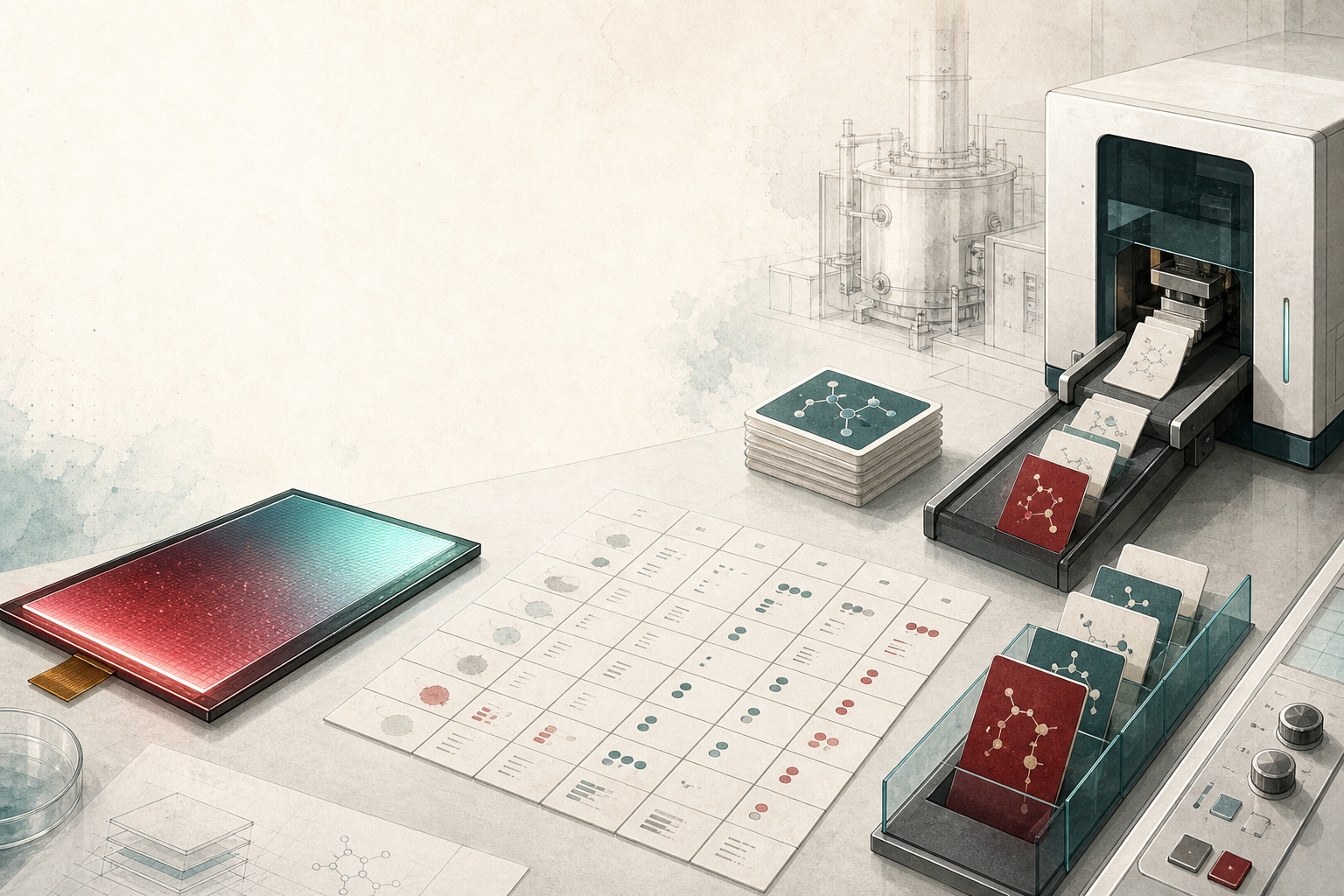 OLED 연구 책상 위에서 후보 카드와 표 데이터가 실험 queue로 정렬되는 기사형 일러스트레이션