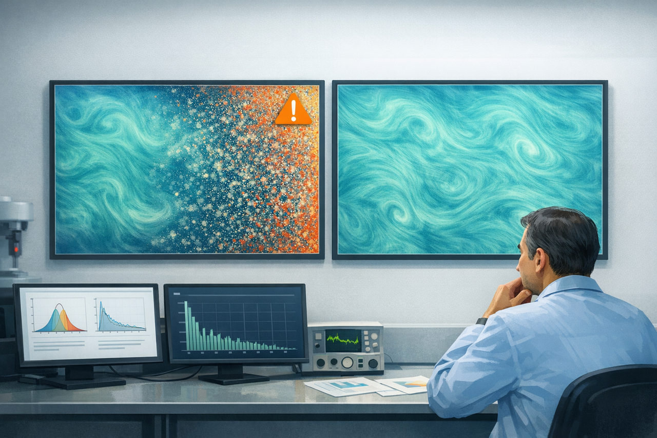 Long rollout 평가 장면: 하나의 turbulent flow 예측은 probability density와 energy spectrum이 무너지고, 다른 예측은 안정적인 통계 패턴을 유지한다