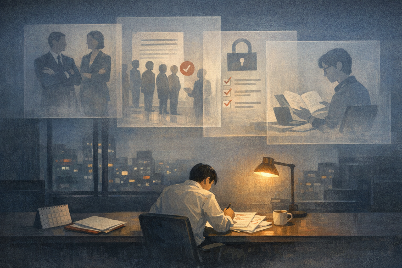 늦은 밤 사무실 책상에서 실무자가 문서와 체크리스트를 다시 정리하고, 위쪽에는 경영진 기대와 승인 대기와 검증 부담이 겹쳐 보이는 장면형 일러스트레이션