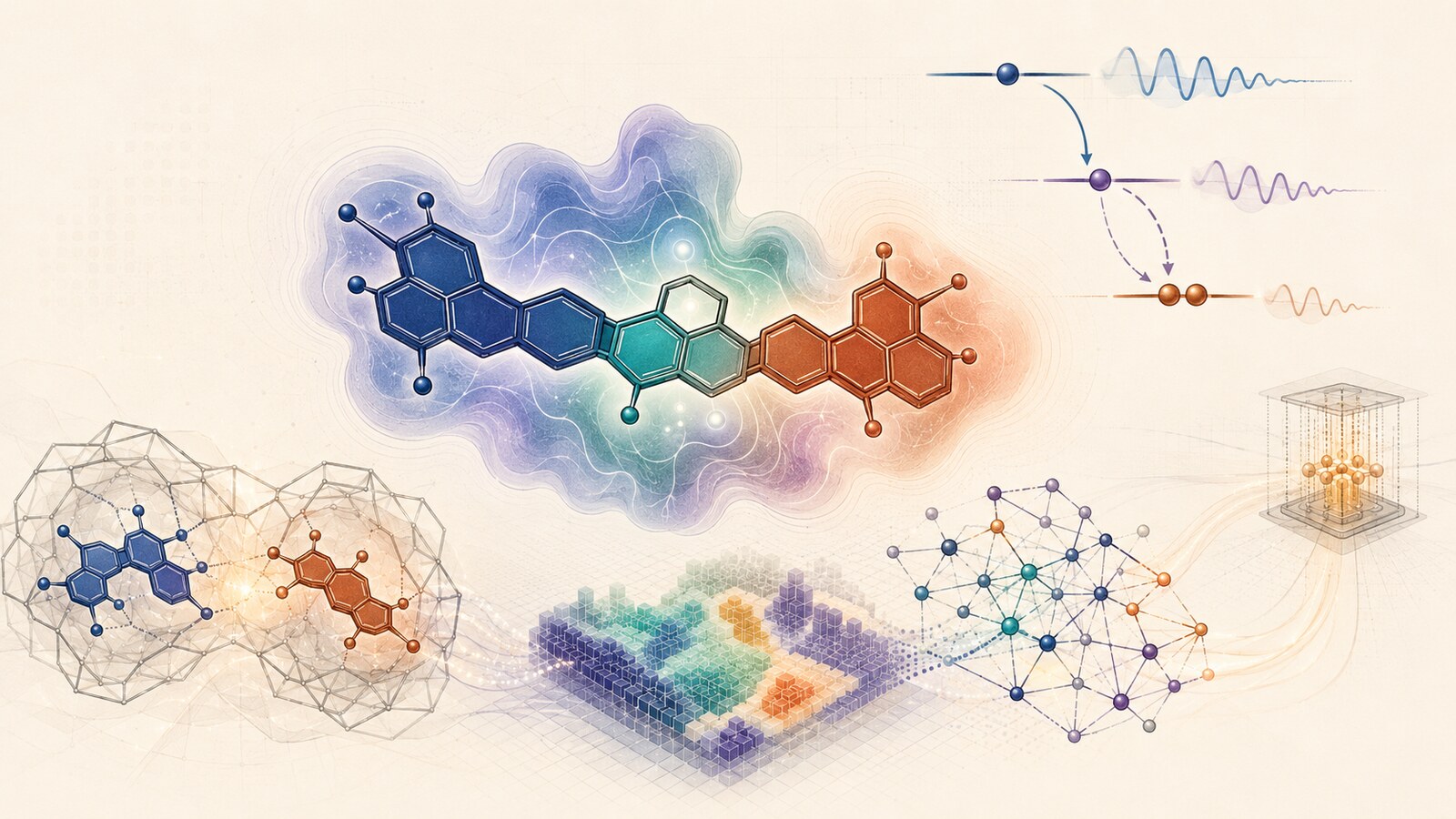 Concept illustration of mechanism-aware property labels and computational layers for OLED molecular inverse design
