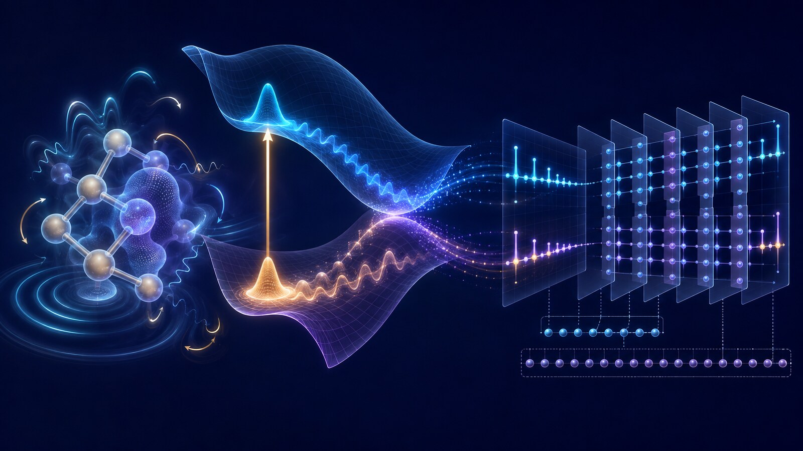 Concept illustration connecting coupled electron–nuclear motion, potential-energy surfaces, and grid-encoded quantum time evolution