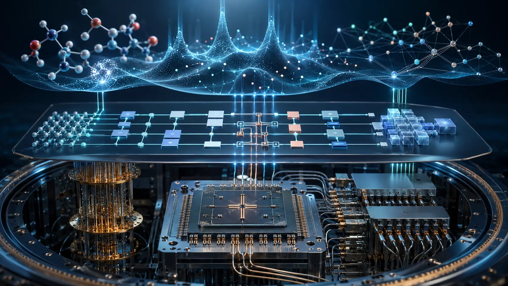 Concept illustration stacking cryogenic quantum hardware, circuit and sampling layers, molecules, and industrial-network applications into a single system
