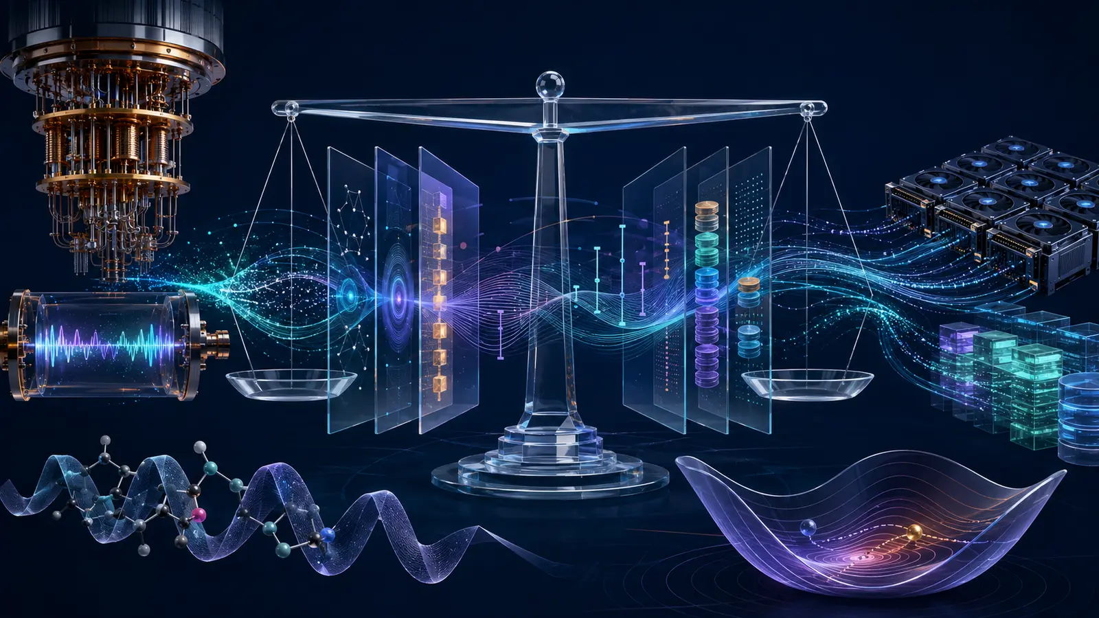 Conceptual illustration combining a quantum processor, classical GPUs, a measurement ledger, continuous-variable potentials, and hybrid-computing boundaries
