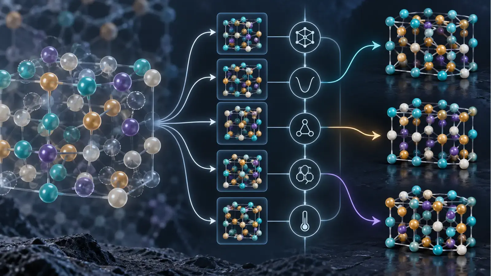 Scientific editorial concept showing a partially occupied disordered crystal branching into candidate atomic arrangements and passing physical constraints before explicit atomistic models emerge