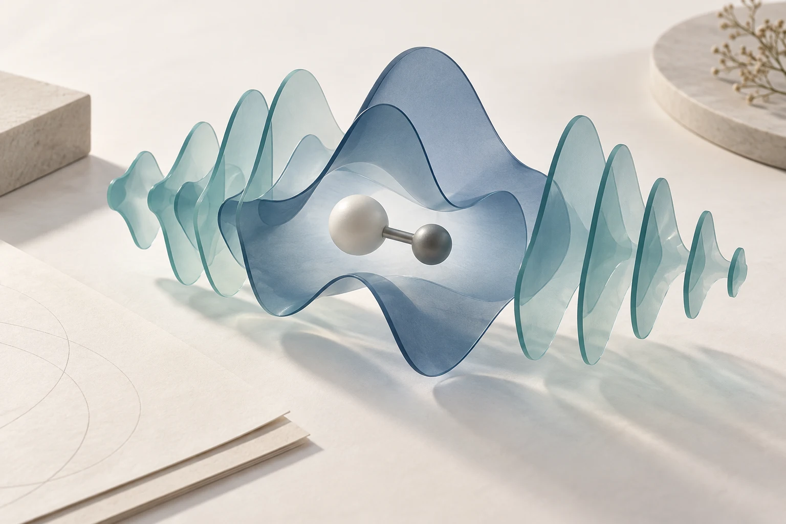 Separate sculptural layers representing components of a wavefunction