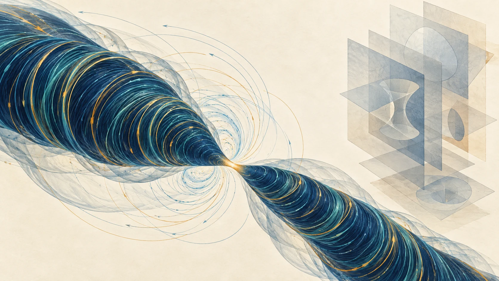 Conceptual narrowing vortex beside abstract mathematical construction sheets