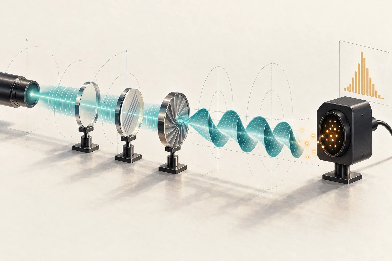 Conceptual illustration of classical light passing through wave plates, forming a helical wavefront and reaching a photon counter