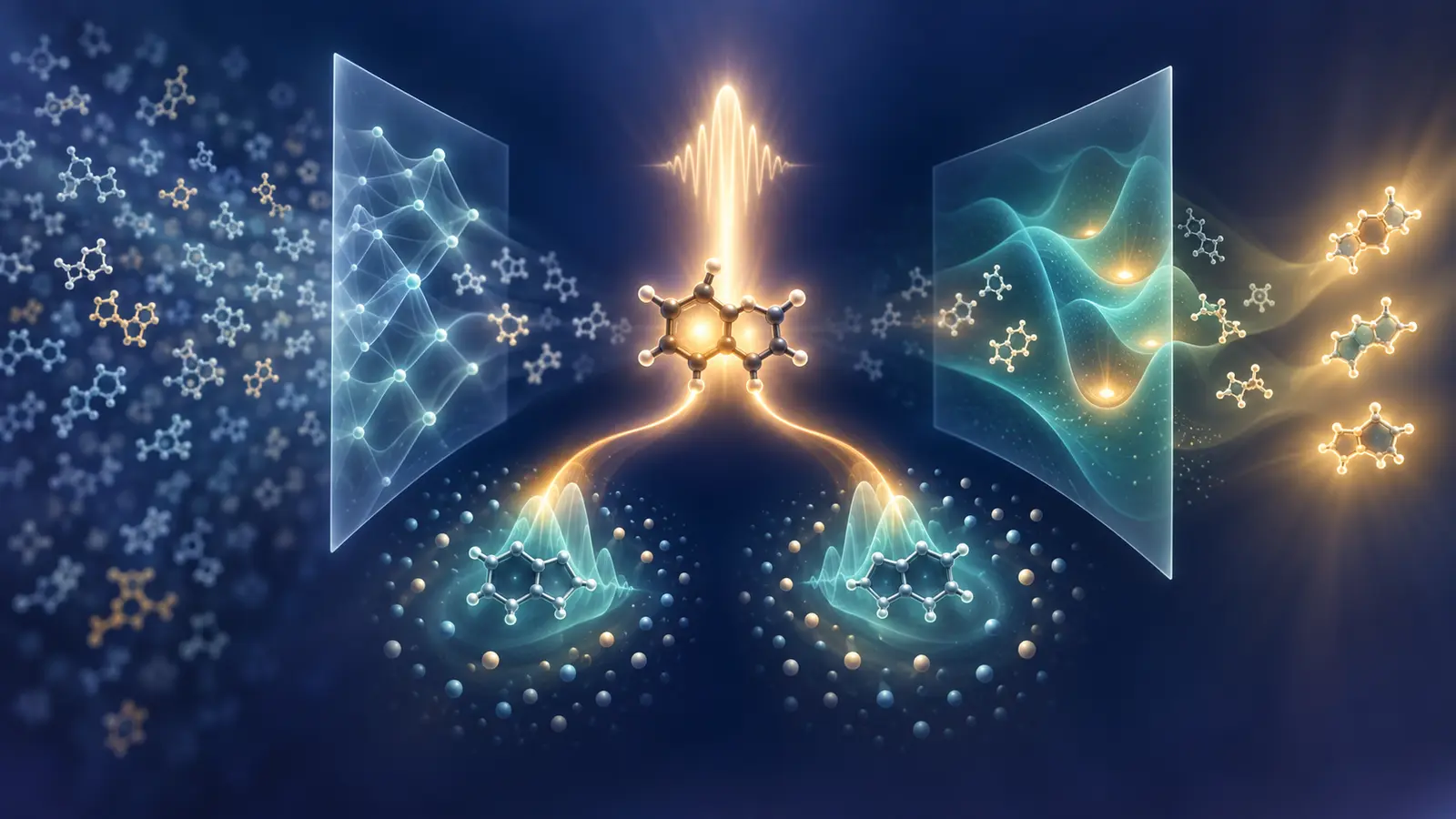 Conceptual scene in which many molecular candidates pass through computational validation layers toward a sparse set of excited-state candidates, while a central excitation branches into two triplet-like wave packets