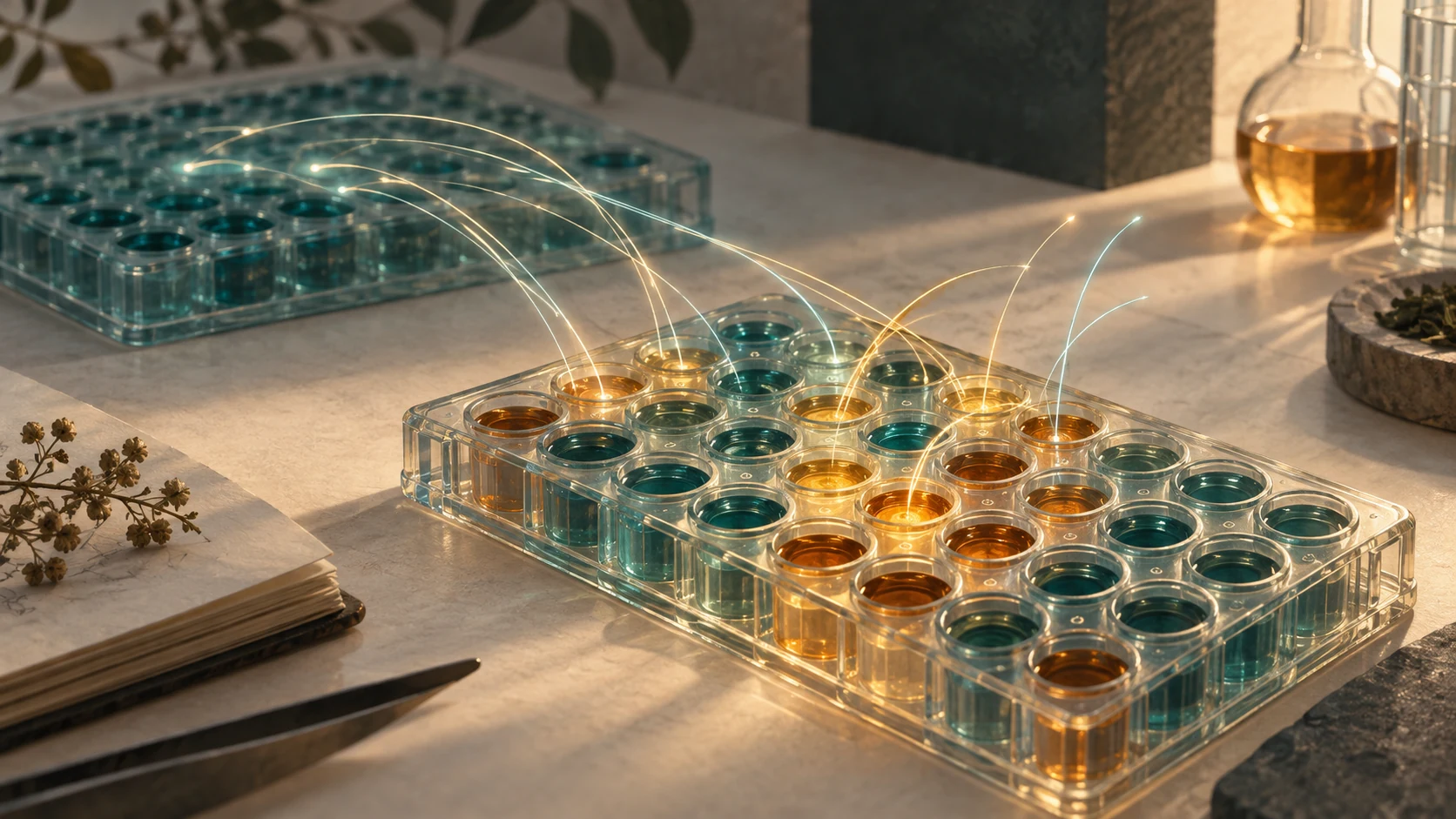 Conceptual chemistry illustration linking an earlier experiment plate to a new plate through threads of light