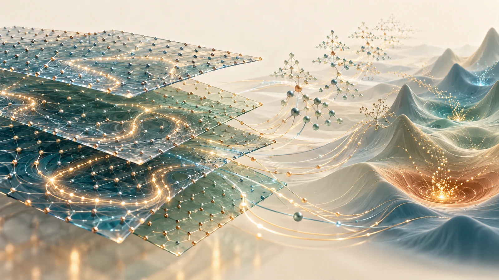 Conceptual illustration of translucent layers, branching paths and a smooth thermal landscape