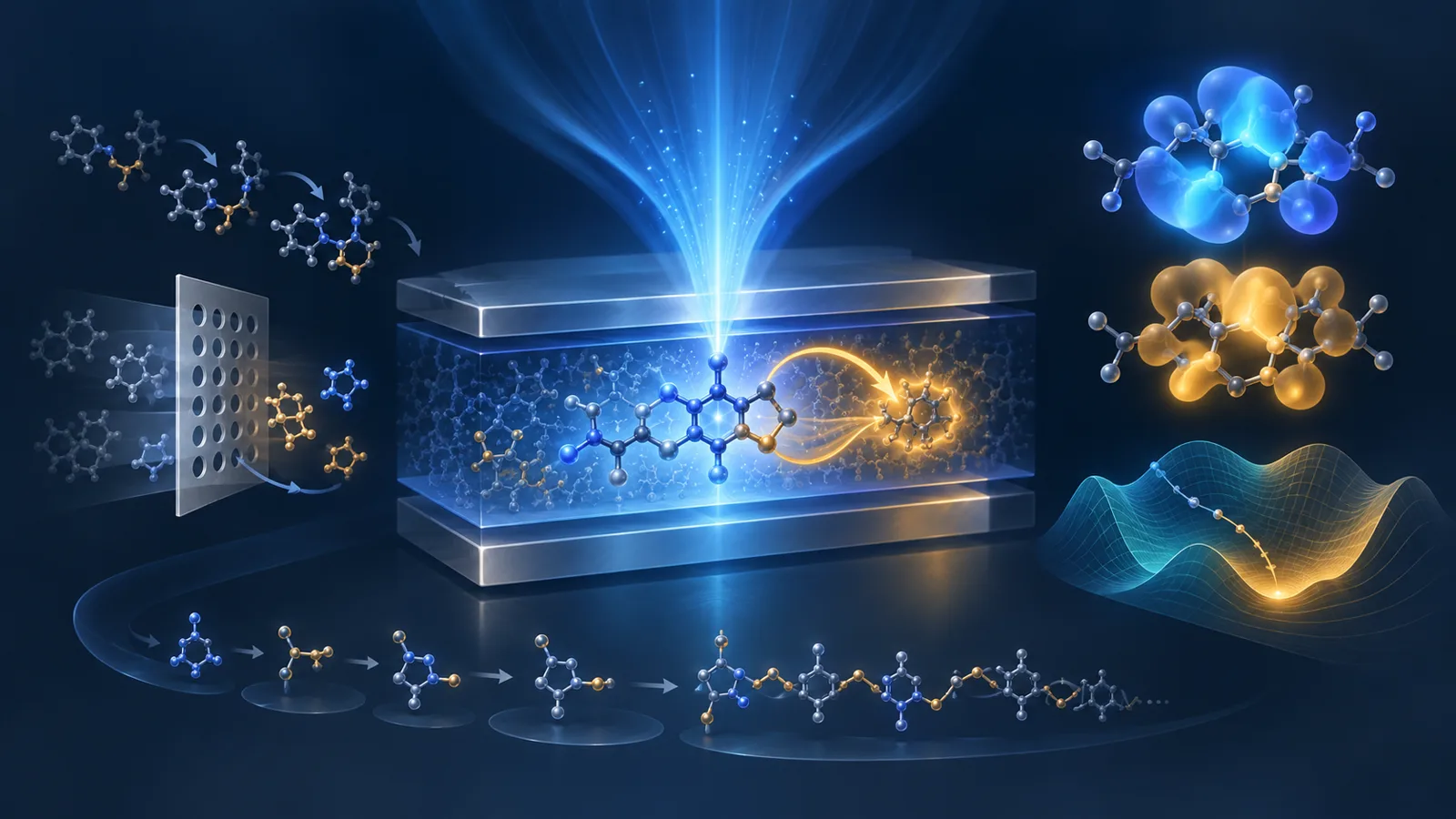 Conceptual blue emitter in an OLED layer, with blue singlet emission, an amber triplet pathway, and motifs for generation, synthesis, pi stacking and constrained optimization