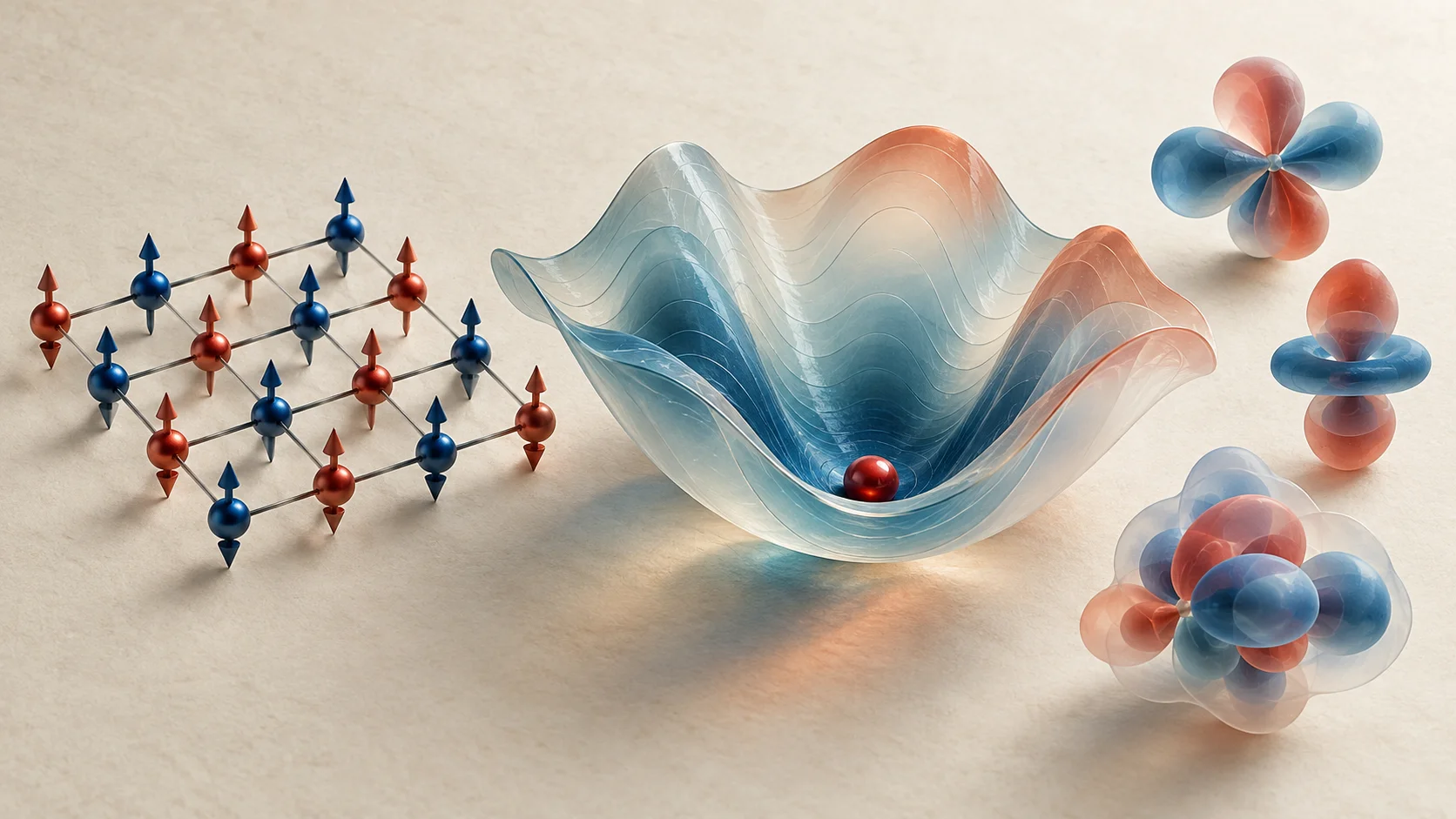 Conceptual spin lattice, energy basin, and molecular orbitals representing variational quantum calculations